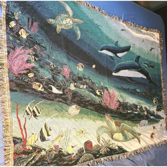 Vtg Wyland Studios Tapestry Throw Blanket Underwater Dolphins Tropical Fish USA - Picture 3 of 6